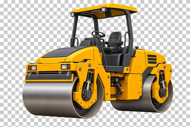 A yellow tandem-drum road roller with an empty open canopy station.