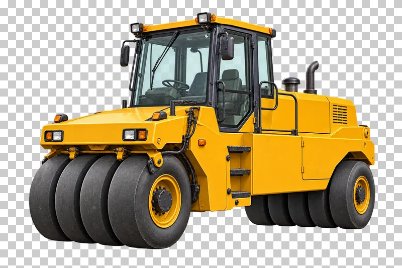 A yellow pneumatic-tire roller with banks of smooth black tires.