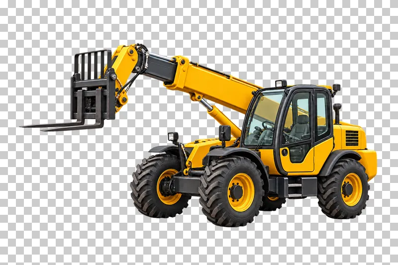 A yellow telehandler with a raised telescopic boom and two attached pallet forks.