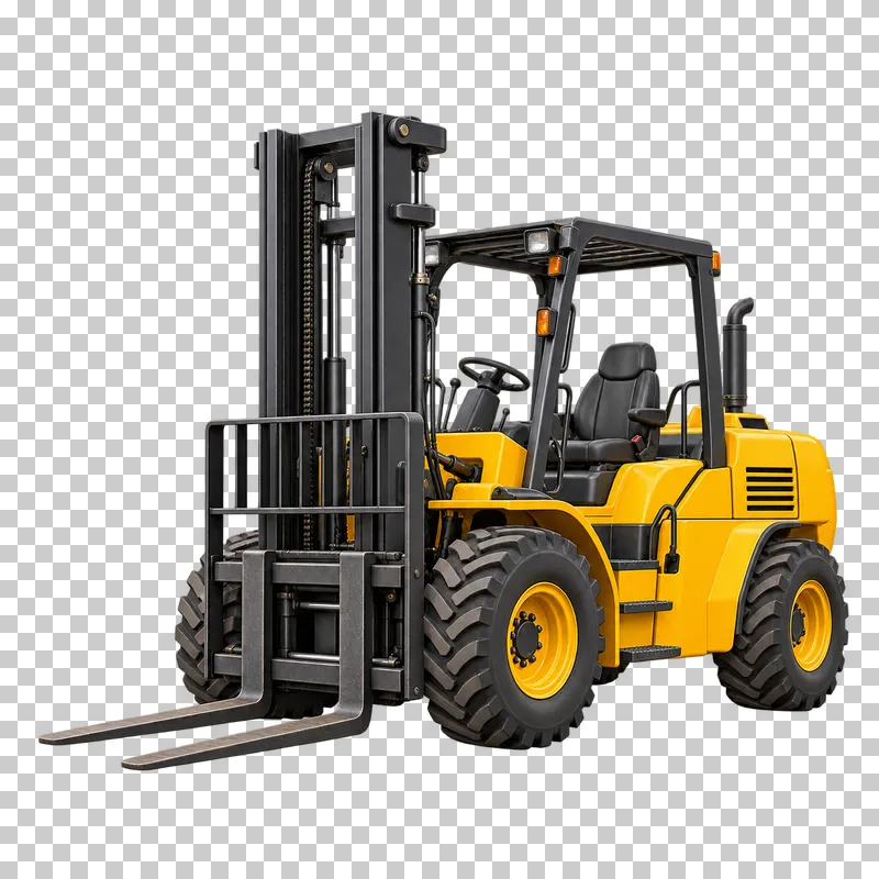 A yellow rough-terrain forklift with a vertical mast and two attached forks.