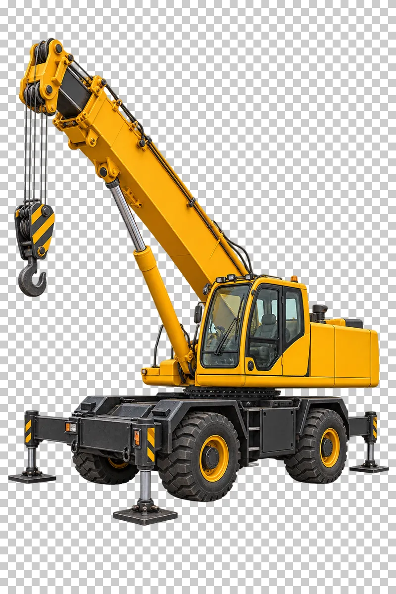 A yellow rough-terrain mobile crane with an extended telescopic boom, hanging hook and deployed carrier-mounted outriggers.