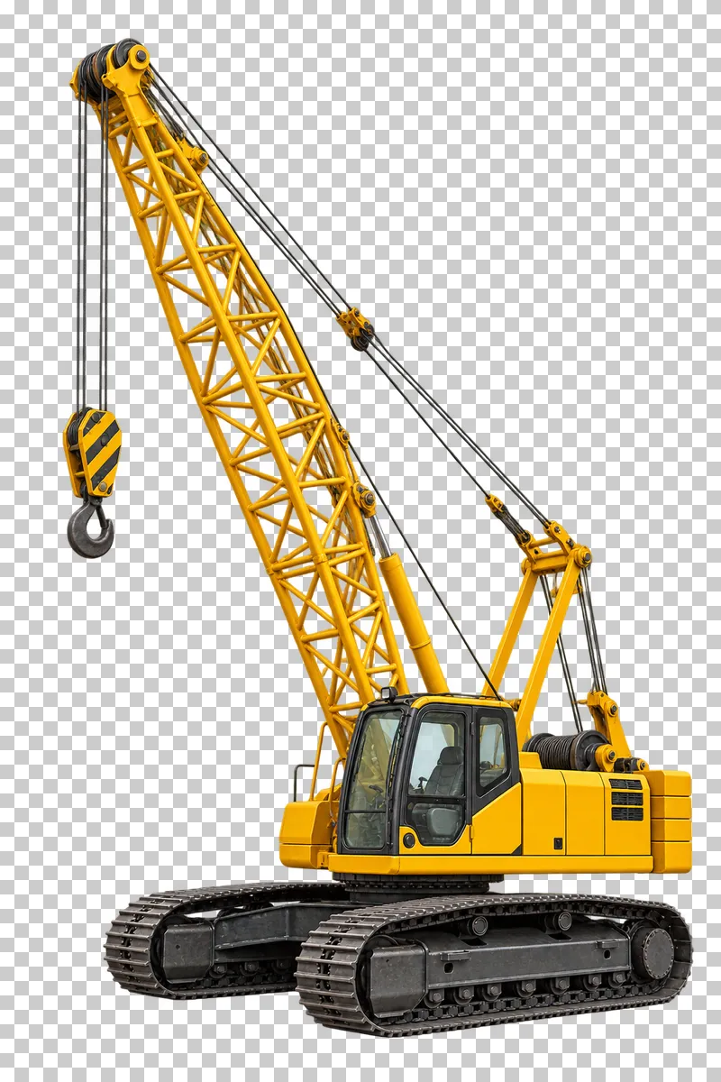 A yellow lattice-boom crawler crane with support cables and a hanging hook.