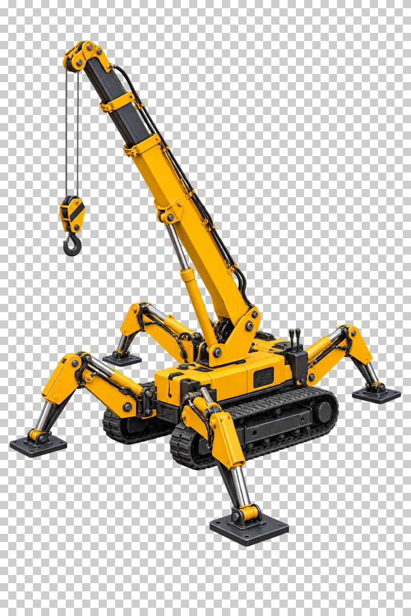 A yellow compact cab-less spider crane on rubber tracks with four splayed stabilizer legs.