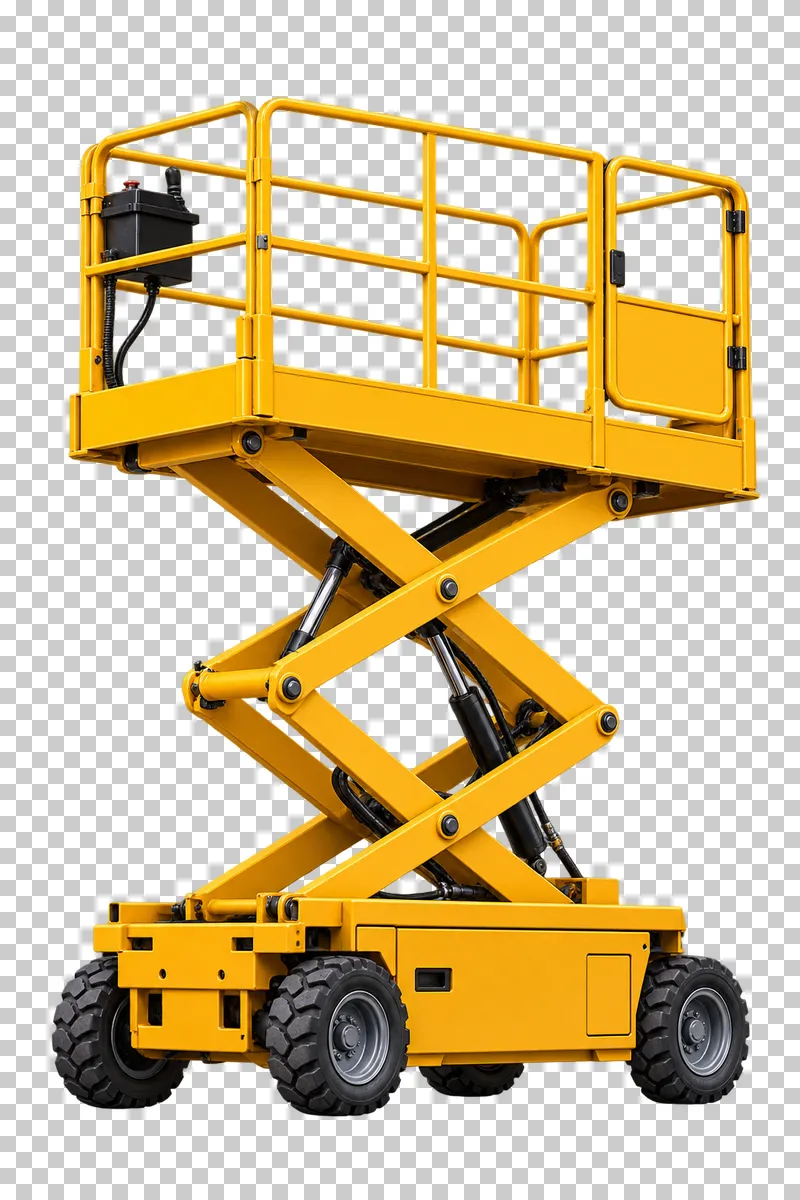 A yellow scissor lift with two raised X stages and an empty guarded platform.