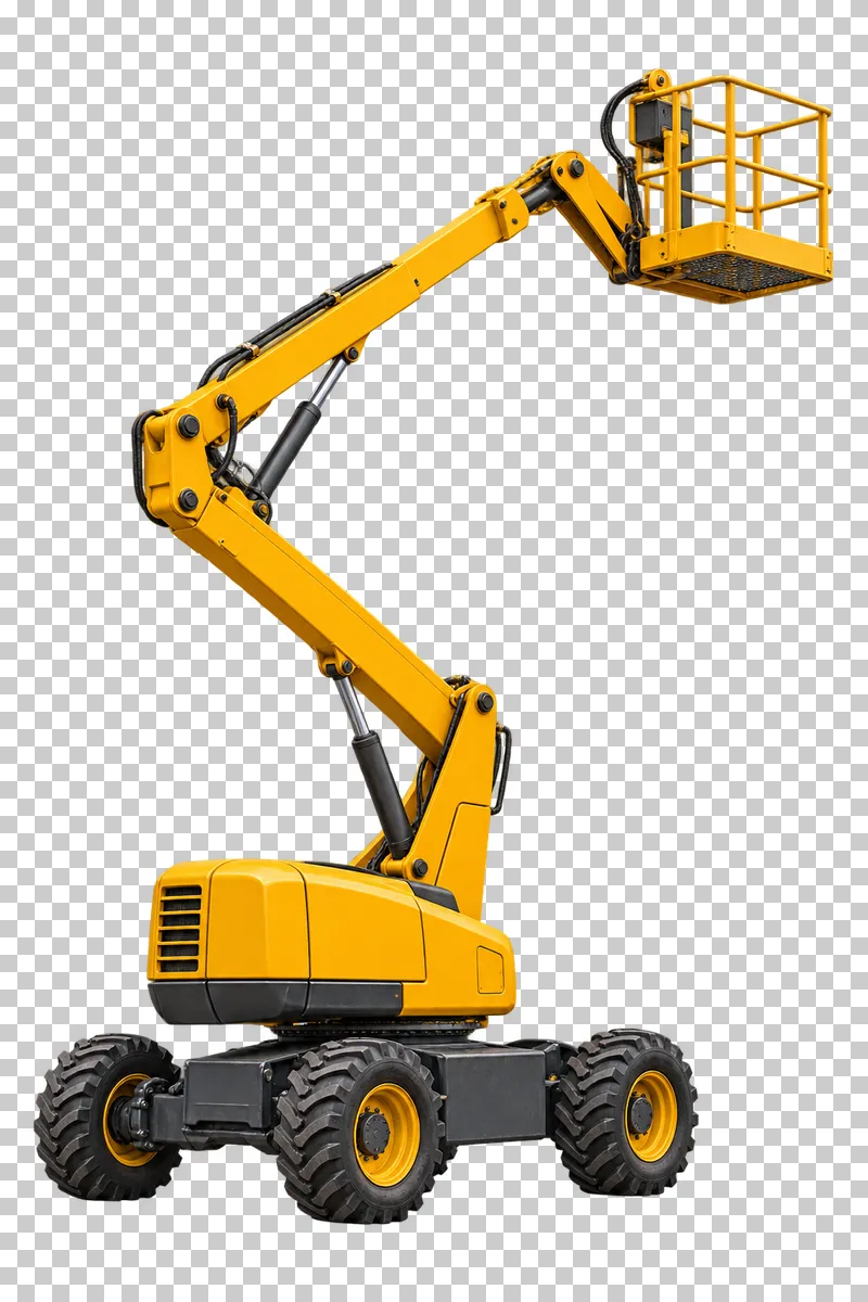 A yellow articulated boom lift with an elevated empty basket.