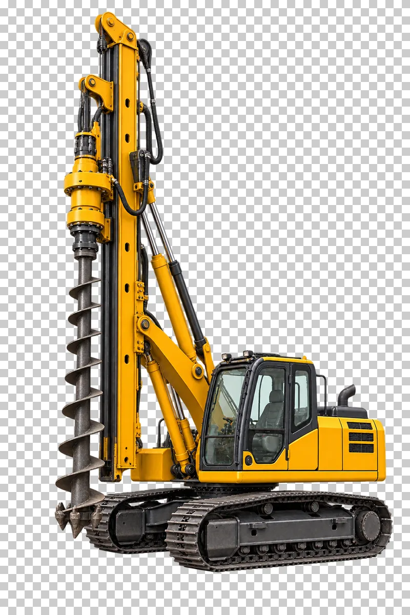 A yellow tracked rotary piling rig with an upright mast and helical auger.