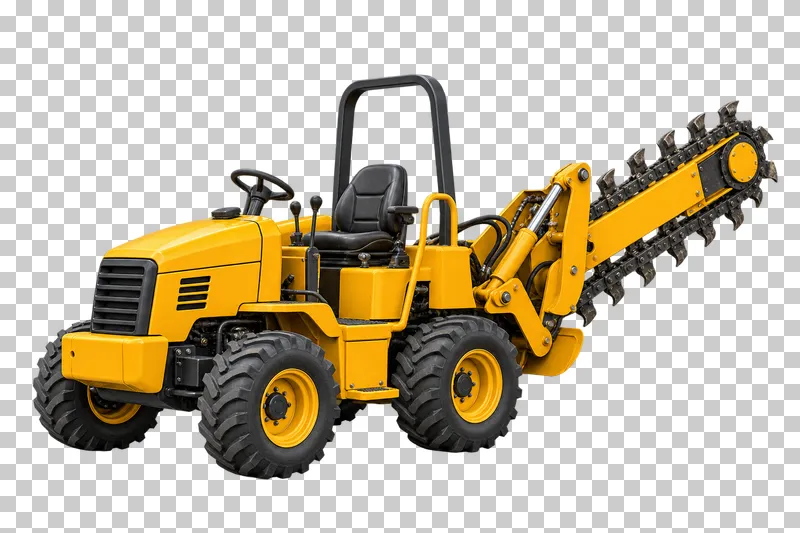 A yellow ride-on chain trencher with a raised rear toothed digging chain.