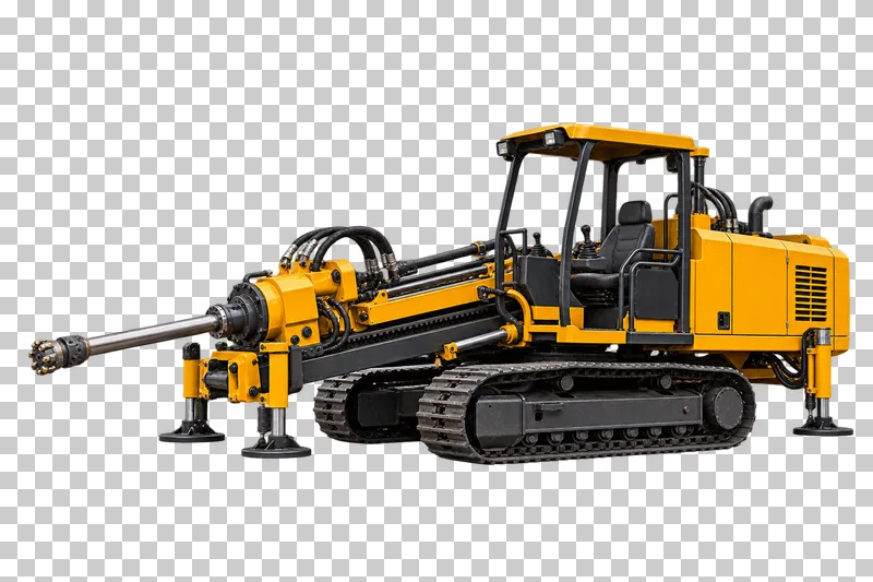A yellow tracked horizontal directional drilling rig with an inclined rack and short drill rod.