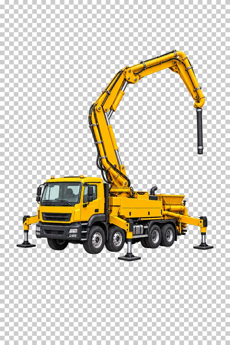 A yellow concrete boom pump truck with an articulated boom, delivery pipe and hanging hose.