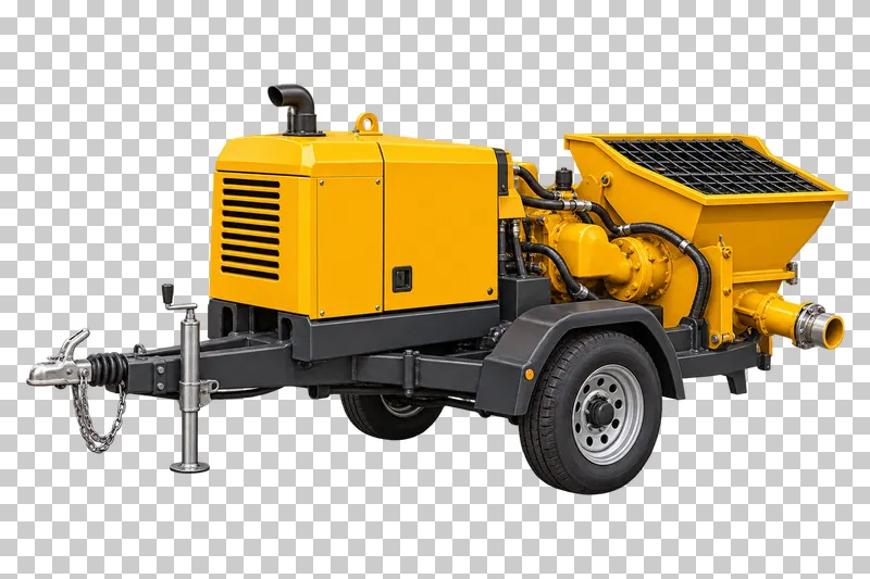 A yellow towable concrete line pump with a hopper, outlet, wheels and tow hitch.