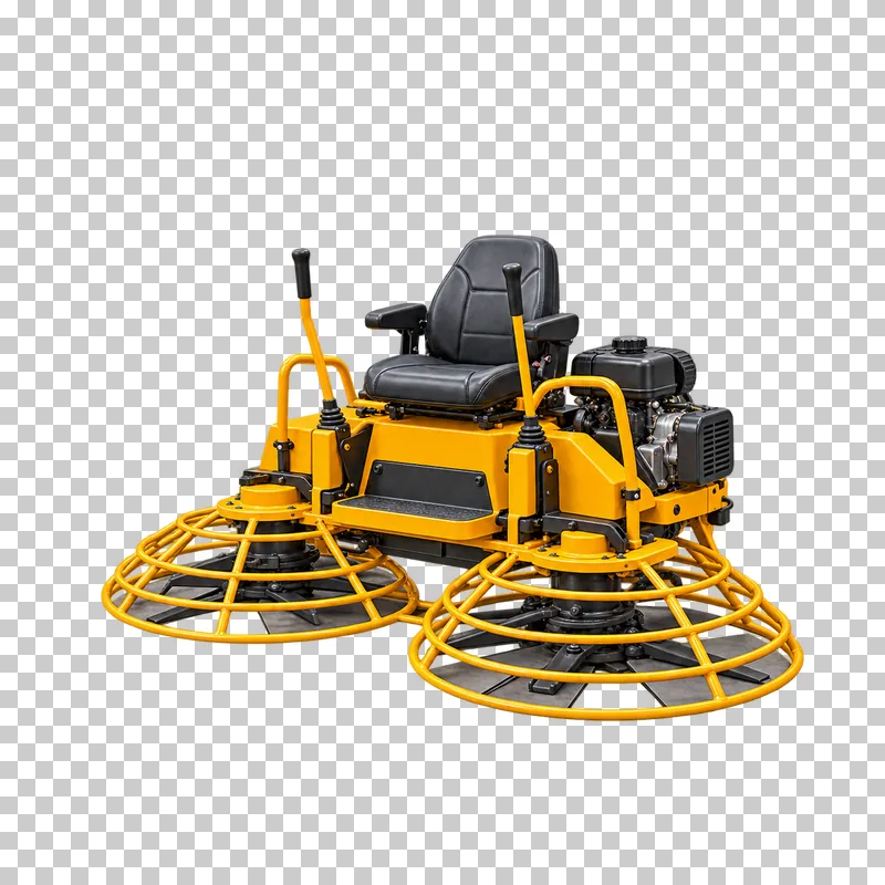 A yellow ride-on power trowel with two guarded rotor assemblies and an empty seat.