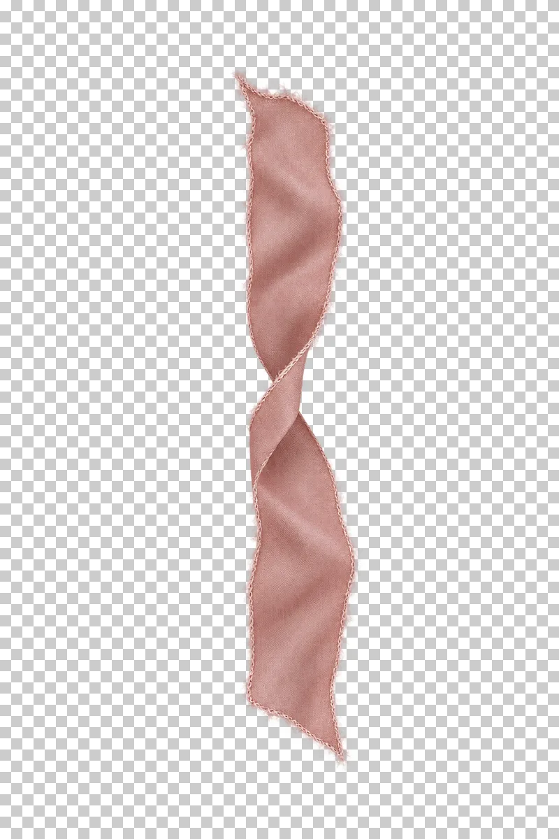 A narrow vertical dusty-rose silk streamer with one central half-twist and two complete ends.
