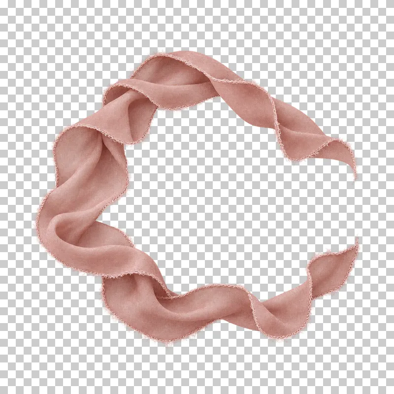 A continuous dusty-rose silk ribbon arranged as an open C-loop with separated right-hand ends.