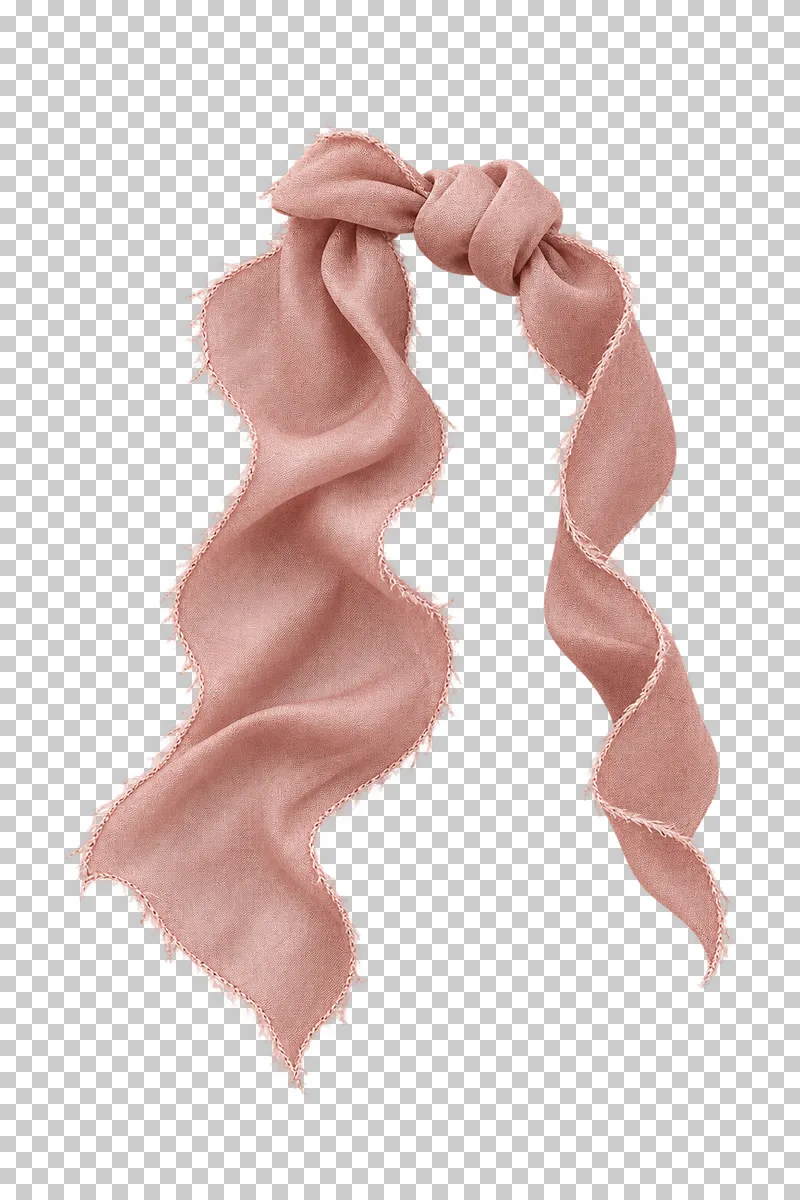 A dusty-rose silk double knot with two close wrapped sections and long unequal descending tails.