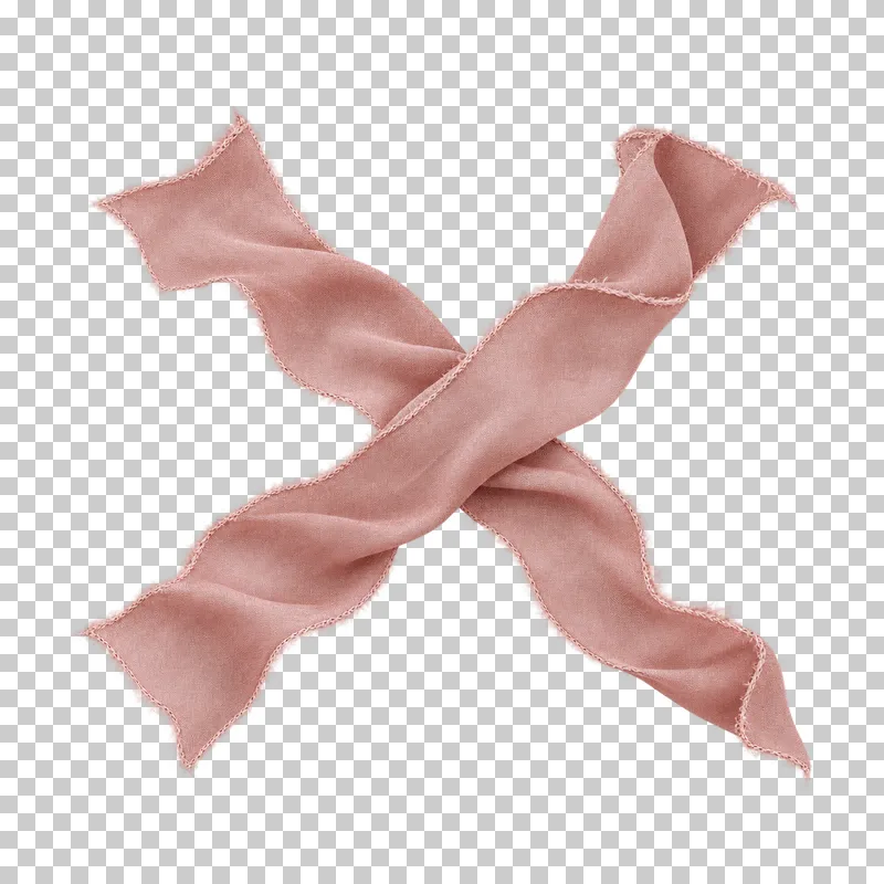 Two short dusty-rose silk strips crossing once with four complete free ends and no knot.