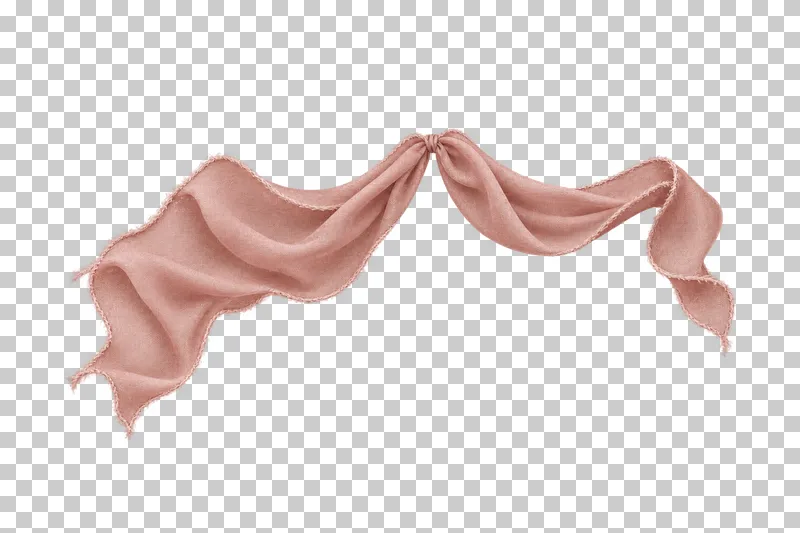 A dusty-rose silk header swag with two unequal hanging scallops joined at one central gathered pinch.