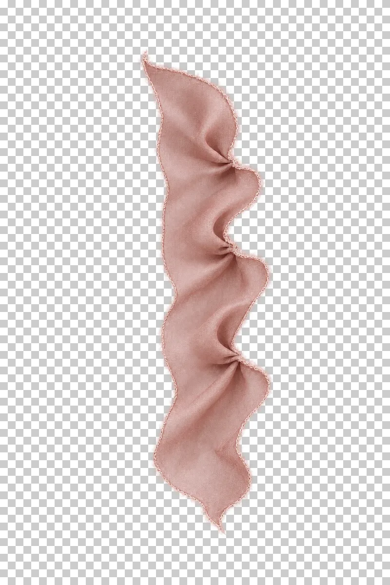 A continuous vertical dusty-rose silk strip with three gathered pleats along its right edge and two terminal ends.