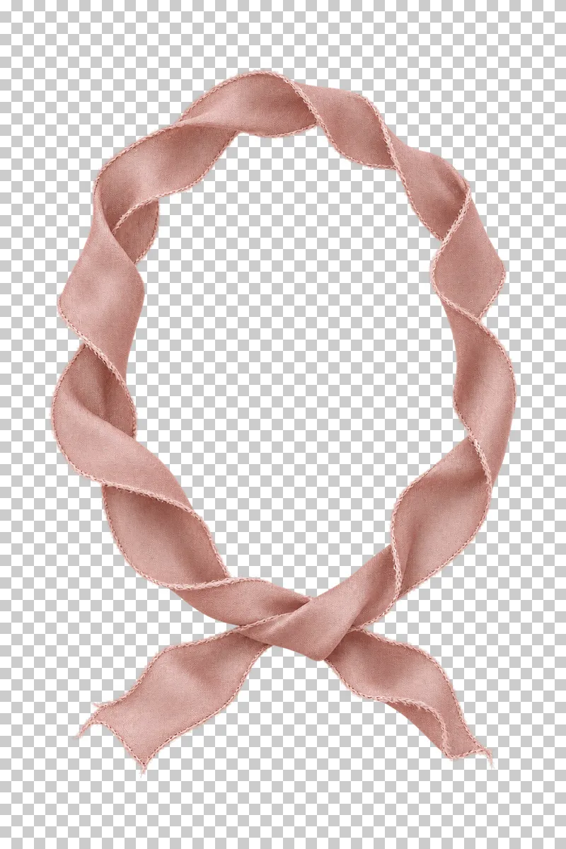 A tall oval dusty-rose silk ribbon frame crossing at the bottom into two short free ends.