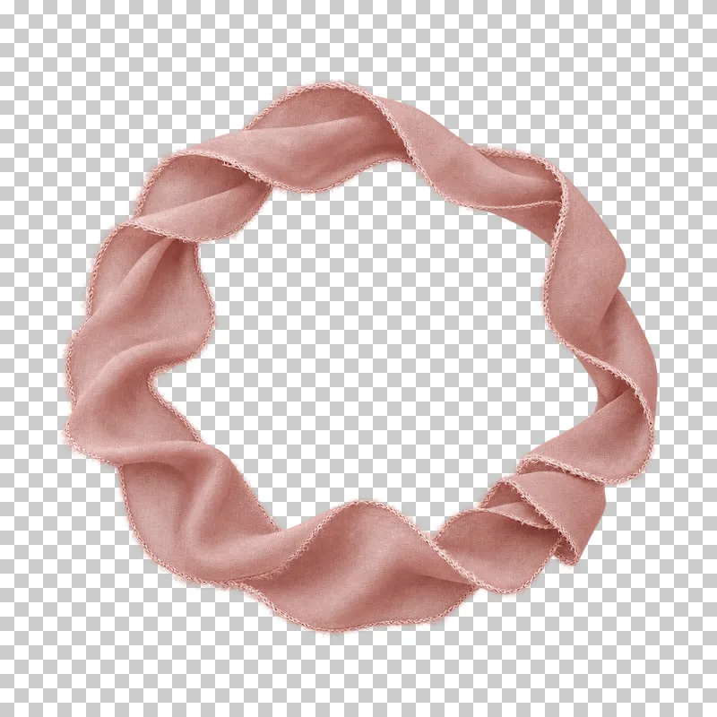 A nearly circular dusty-rose silk ribbon frame with a tucked lower overlap and no tails.