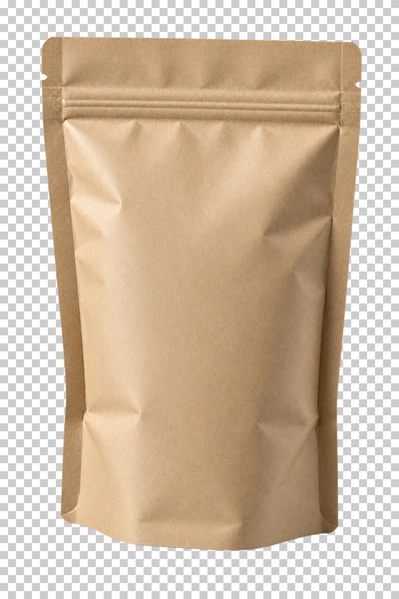 A blank kraft stand-up pouch with a sealed zipper top and expanded bottom gusset.