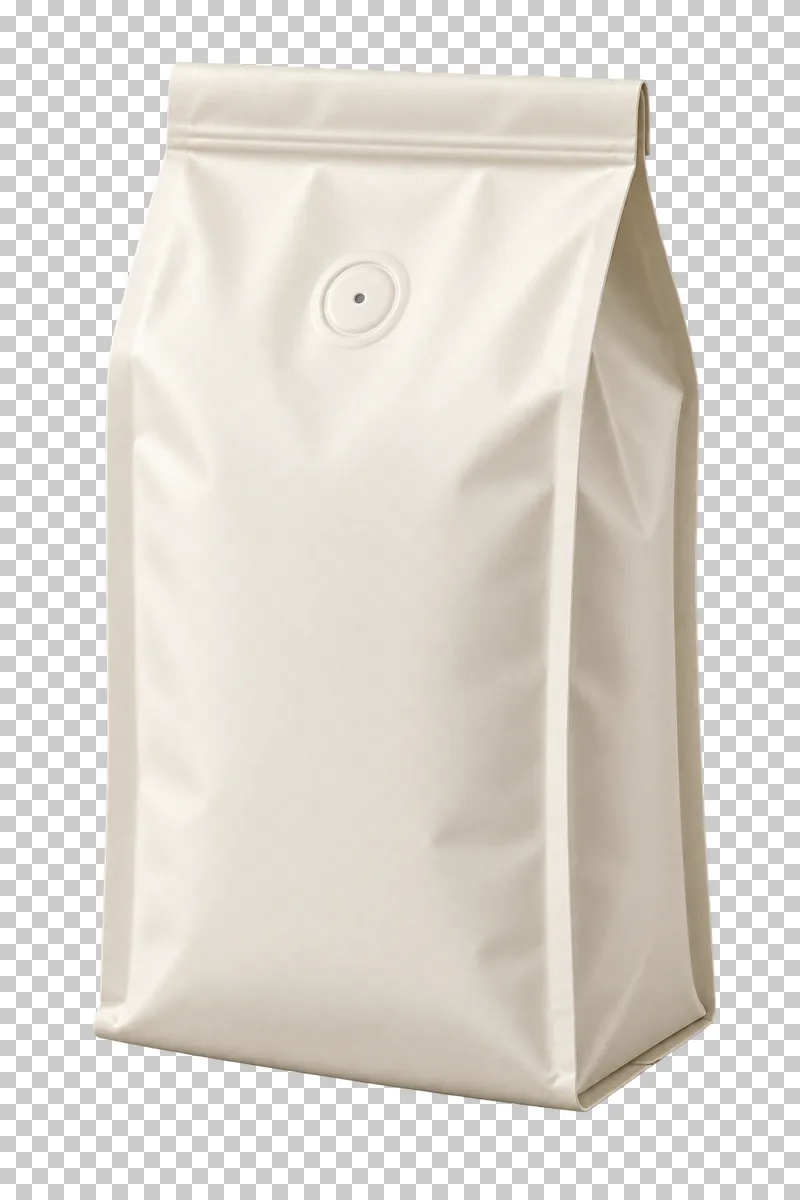 A white flat-bottom coffee bag with a folded top, side gusset and small degassing valve.