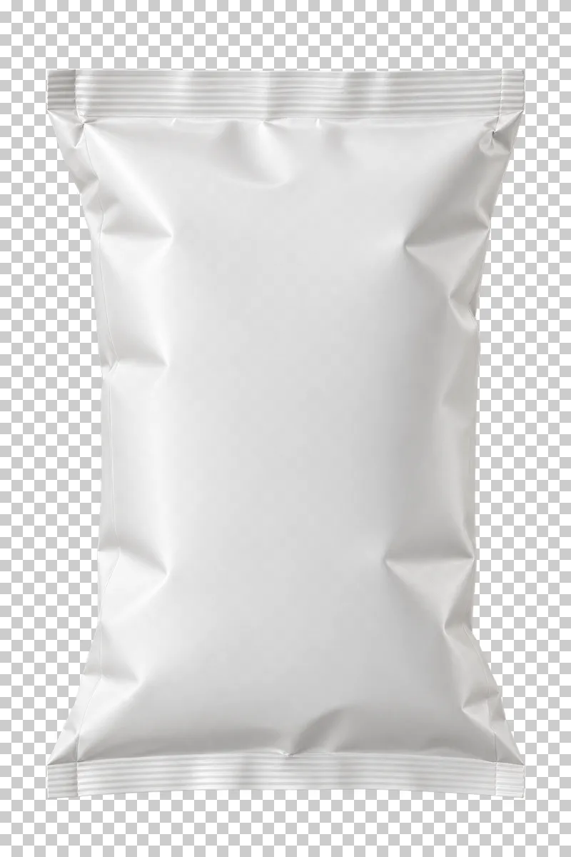 A plain white snack pillow bag with crimped sealed top and bottom edges.