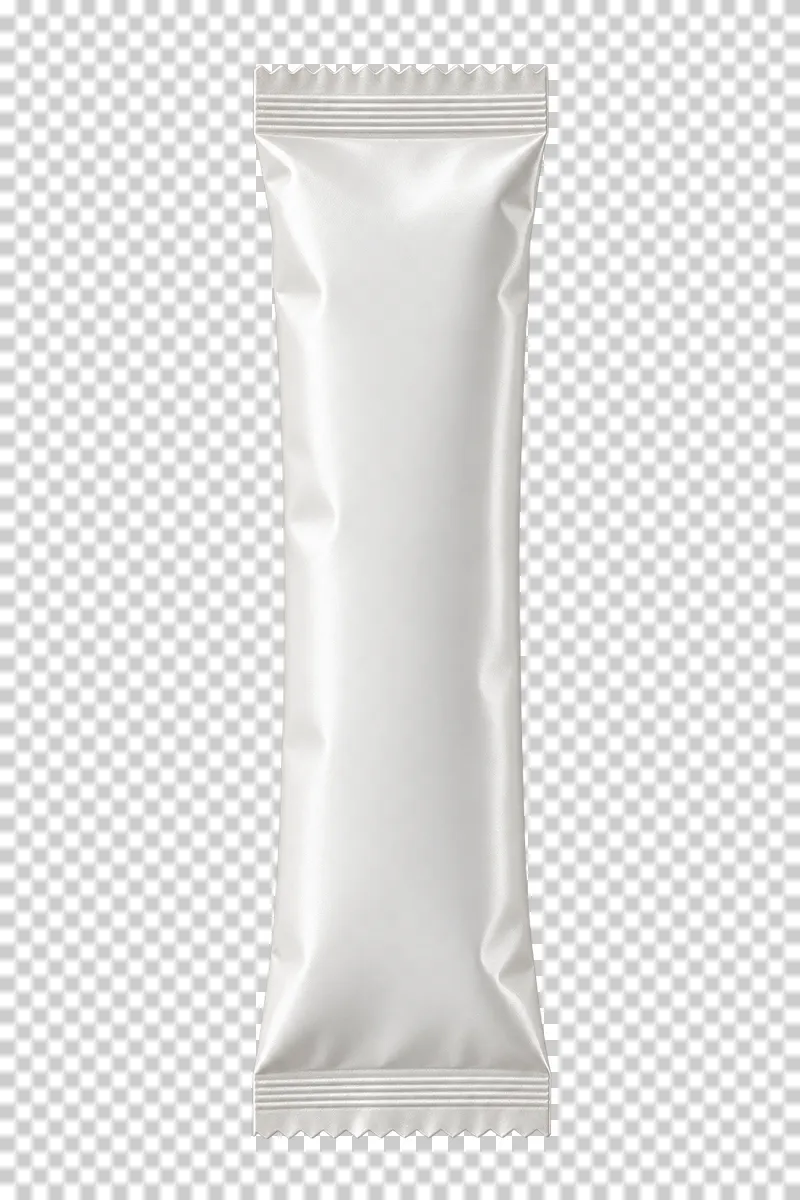 A long narrow white single-serve stick sachet with crimped short ends.