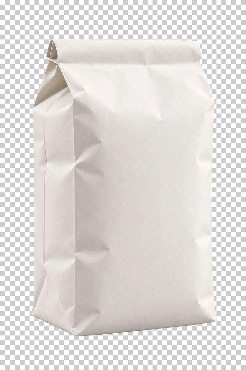 A white paper flour bag with a folded pinch top and block bottom.