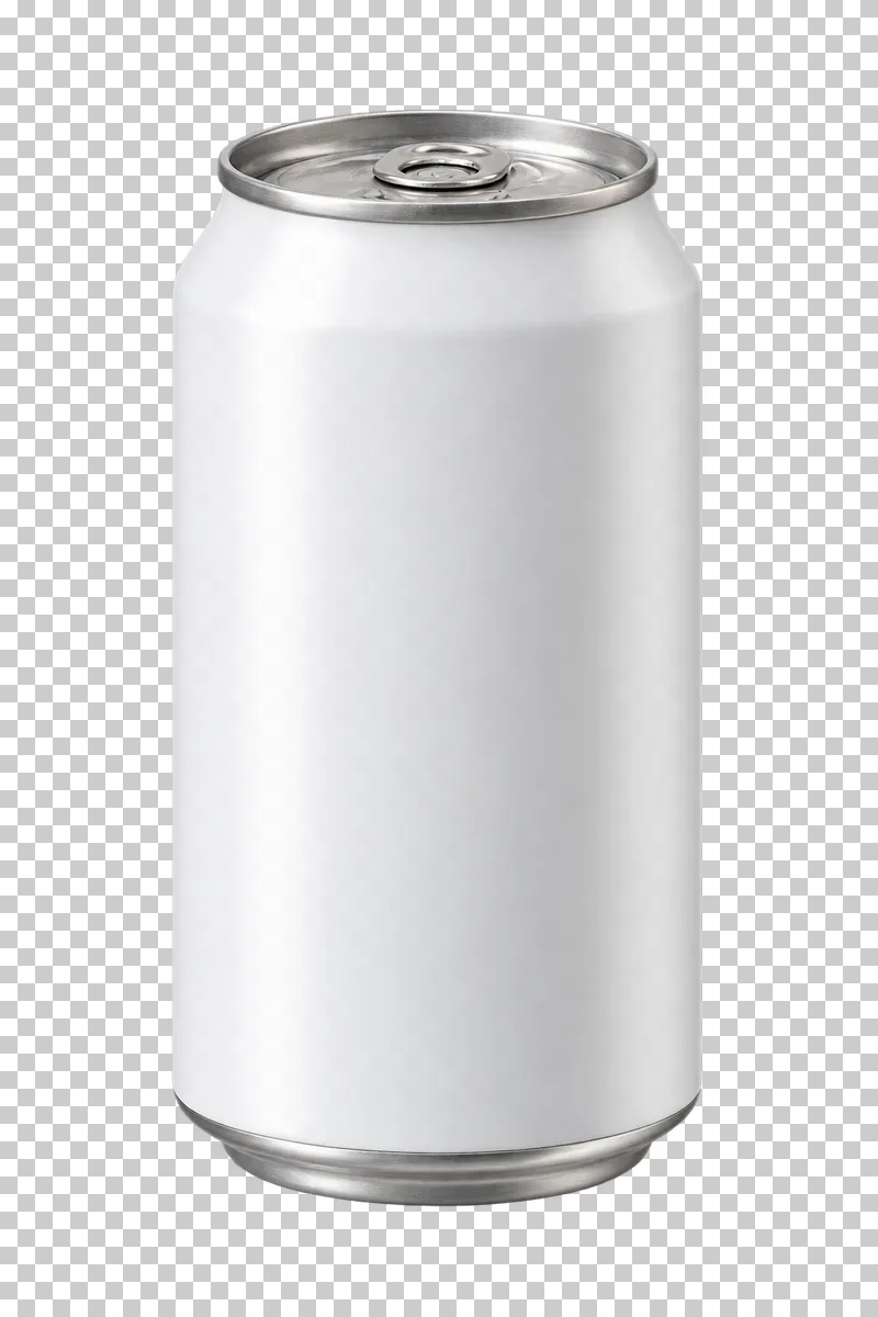 An unprinted white aluminium beverage can with silver rolled rims and one pull tab.