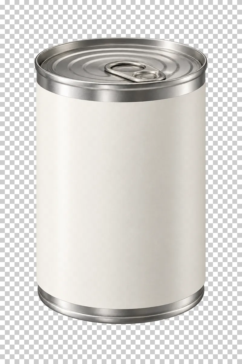 A closed steel food can with an easy-open lid and a broad blank ivory paper band.