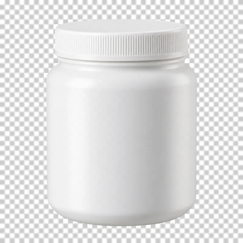A closed opaque white food jar with a ribbed screw lid and blank cylindrical face.