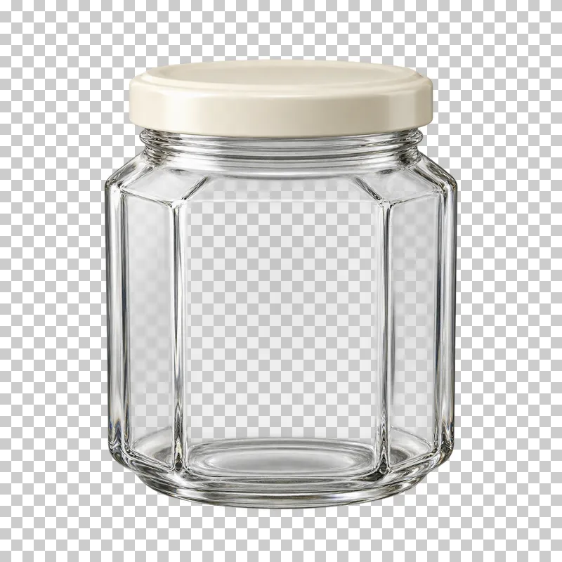 An empty clear faceted glass preserve jar with a plain ivory twist-off lid.