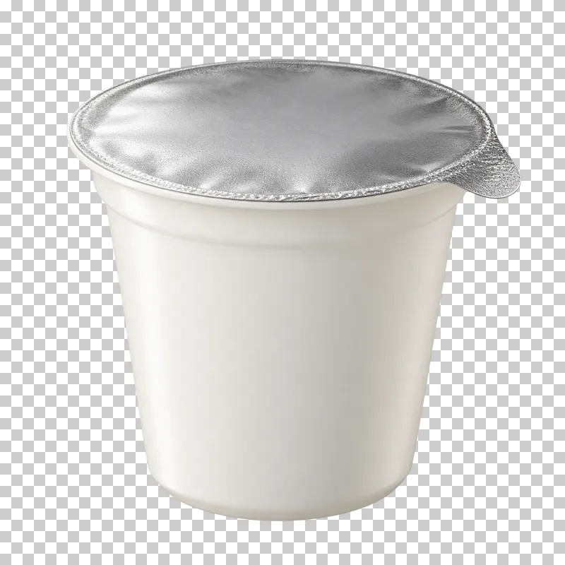A blank ivory yogurt cup sealed with a silver foil lid and intact pull tab.