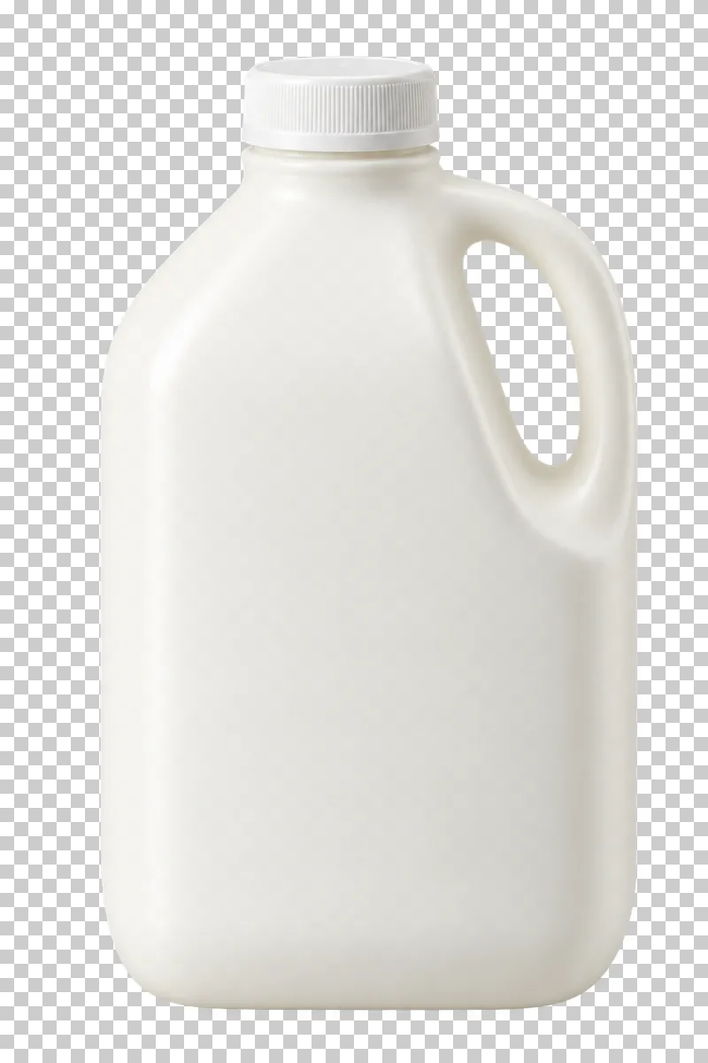 An opaque ivory milk-style bottle with a screw cap, broad blank front and open molded handle.