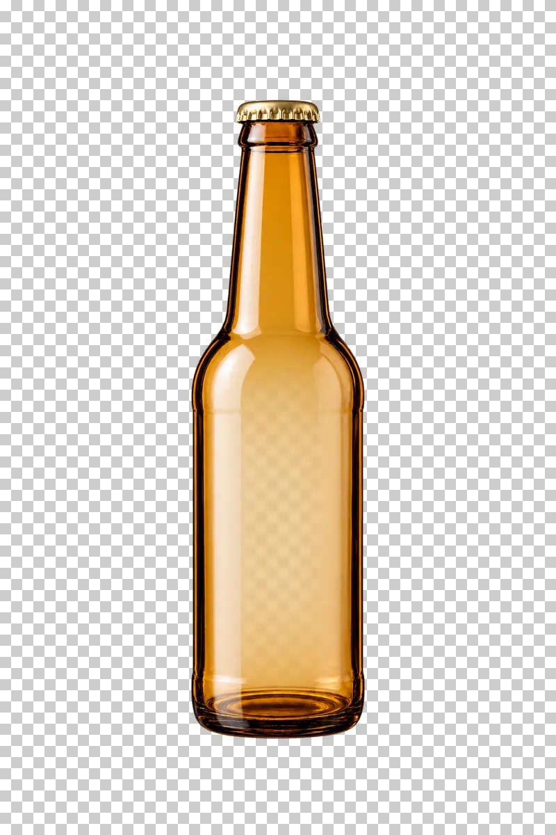An empty amber long-neck glass beverage bottle with a plain gold crown cap.
