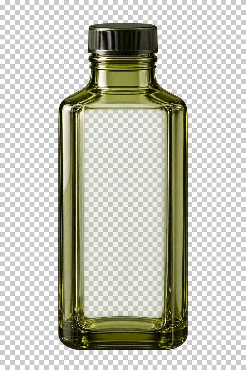 An empty olive glass oil-style bottle with a square base and plain dark screw cap.