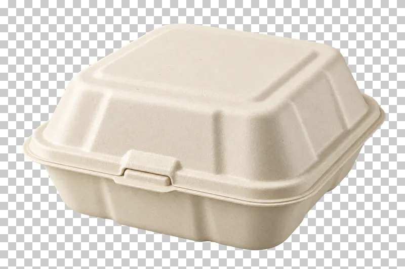 A closed ivory molded-fiber burger clamshell with a hinge seam and front latch.
