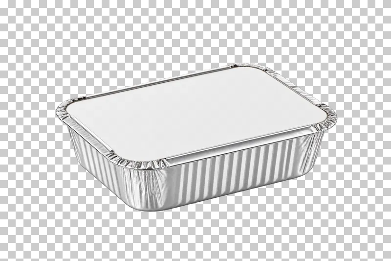 A closed rectangular foil takeaway tray with a crimped rim around a blank white board lid.