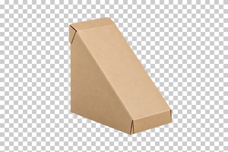 A closed opaque kraft sandwich carton with a triangular wedge shape and folded tabs.