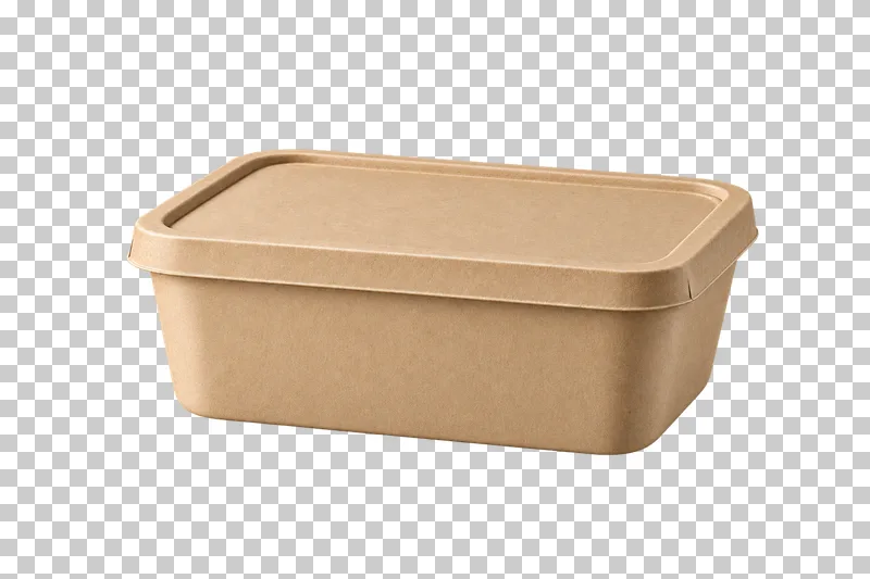 A closed low rectangular kraft deli container with rounded corners and a fitted kraft lid.