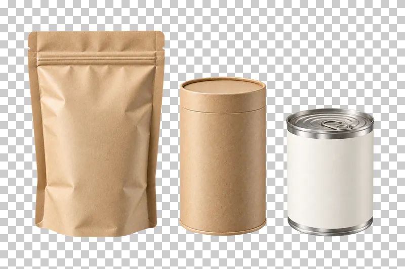 A separated group of a kraft zipper pouch, kraft paperboard canister and closed steel food can.