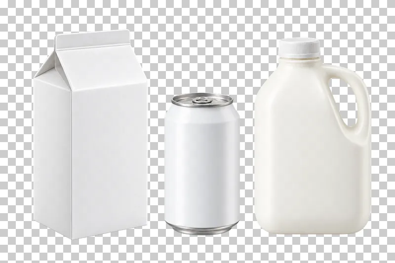 A separated group of a white gable carton, white aluminium can and opaque handled bottle.