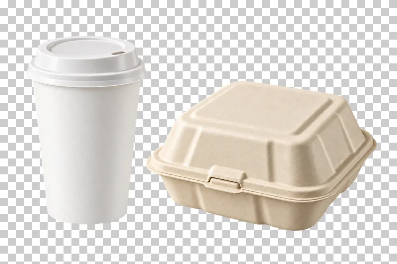 A separated plain white hot-drink cup and closed ivory molded-fiber burger clamshell.