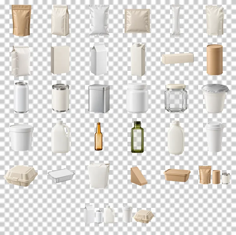 Blank Food and Beverage Packaging Photo PNG Collection: all 32 elements in one grid