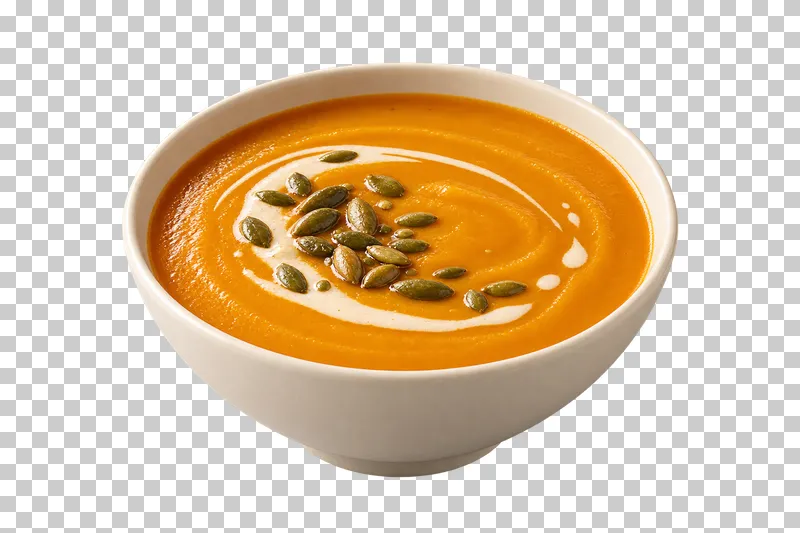 An ivory bowl of butternut squash soup with pumpkin seeds and an oat-cream arc.