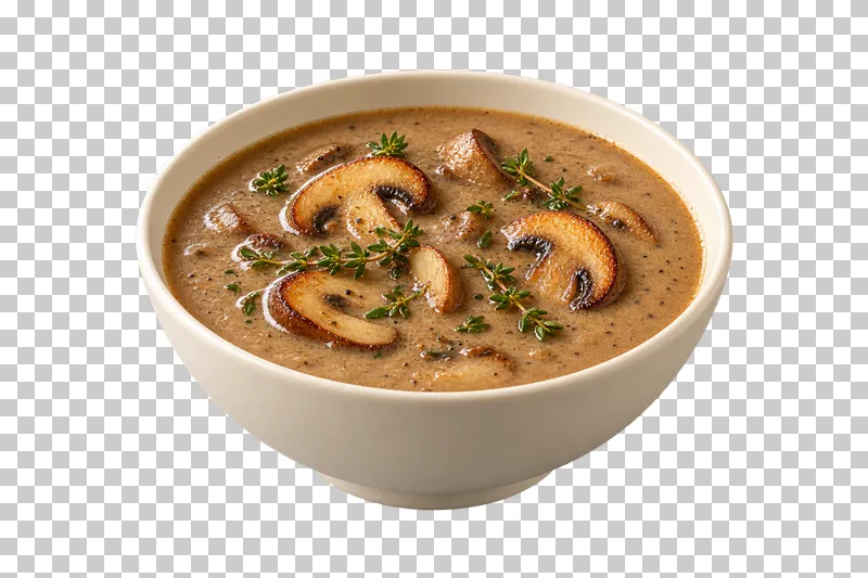 An ivory bowl of mushroom soup with browned mushroom slices and thyme.