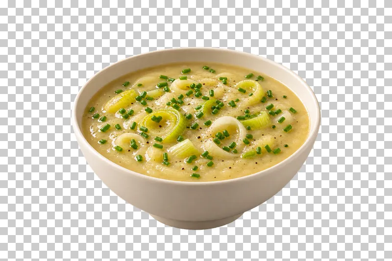 An ivory bowl of potato and leek soup with leek rings and chives.