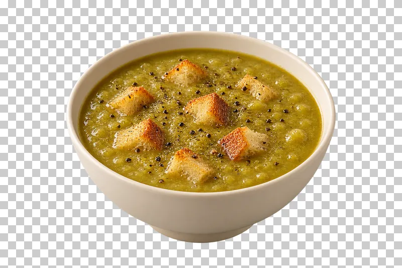 An ivory bowl of coarse split-pea soup with toasted bread cubes and pepper.