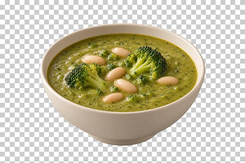 An ivory bowl of broccoli and white bean soup with two broccoli florets.