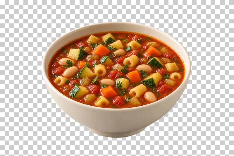 An ivory bowl of minestrone with short pasta tubes, white beans, carrot and zucchini.
